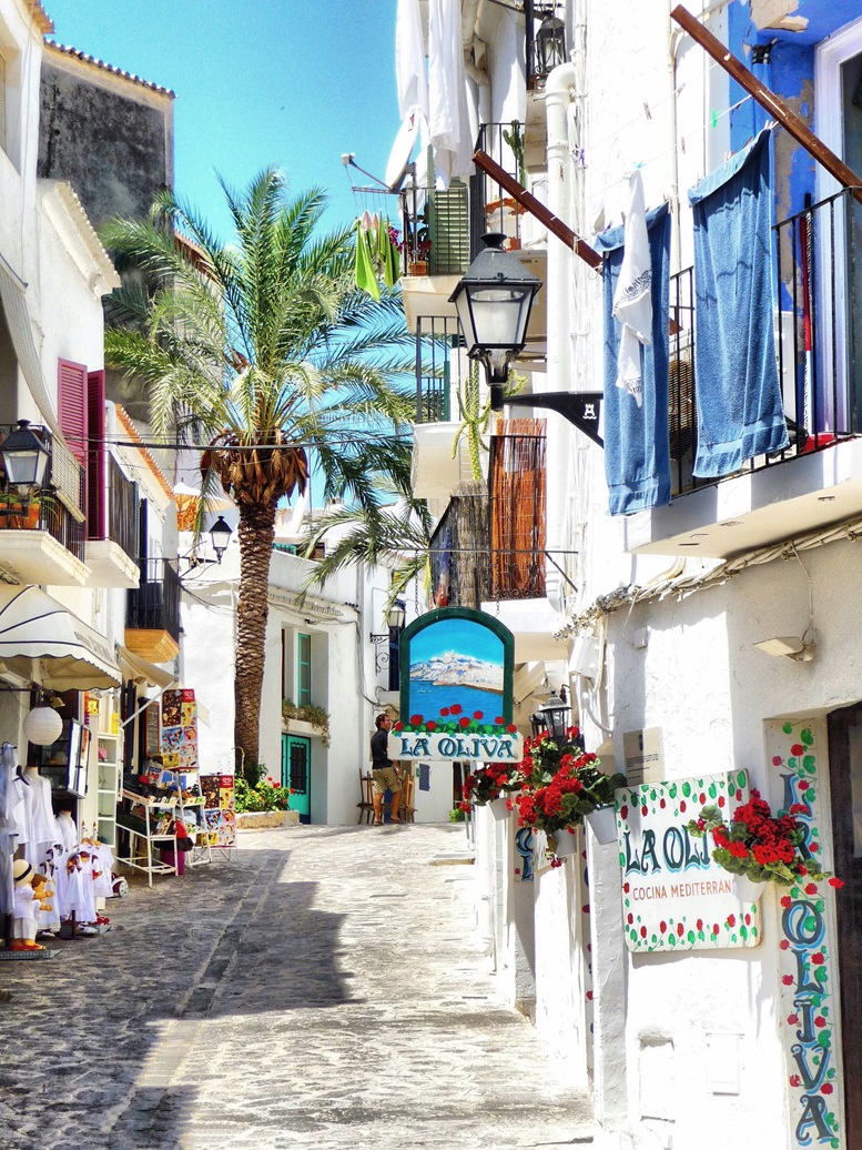 Calle pintoresca en el centro histórico de Ibiza con palmeras y restaurantes mediterráneos - España