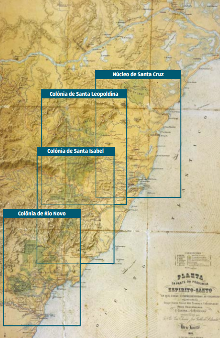 Mapa histórico de 1878 mostrando as colônias italianas do Espírito Santo: Núcleo de Santa Cruz, Colônia de Santa Leopoldina, Colônia de Santa Isabel e Colônia de Rio Novo