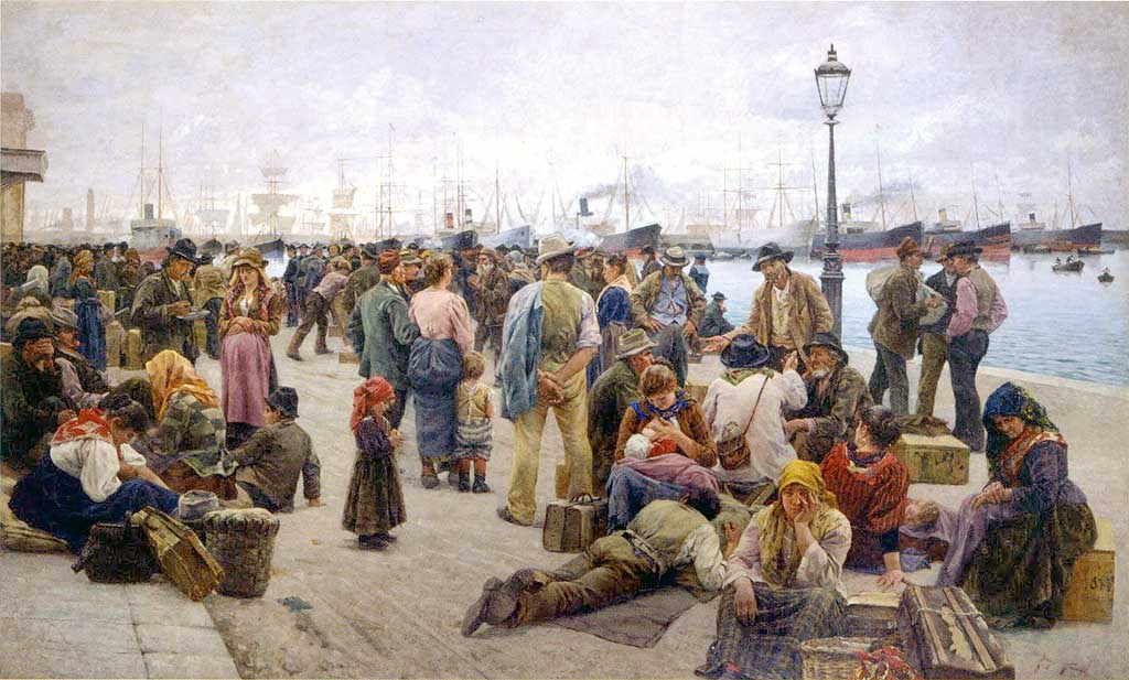 Pintura de Angiolo Tommasi mostrando imigrantes italianos no porto, aguardando embarque para o Brasil, 1896