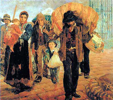 Pintura Os Emigrantes retratando família italiana partindo para o Brasil no século XIX