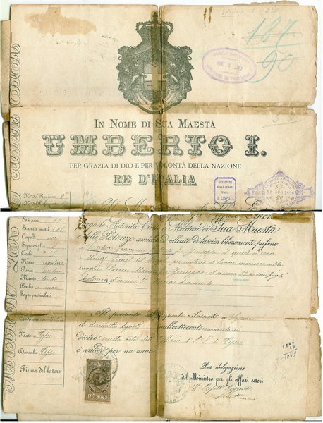Passaporte italiano original do século XIX emitido em nome do Rei Umberto I para emigração ao Brasil