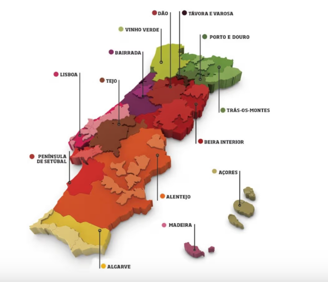 Mapa das 14 regiões vinícolas de Portugal com destaque para Vinho Verde, Porto e Douro, Dão, Alentejo, Lisboa, Madeira e Açores