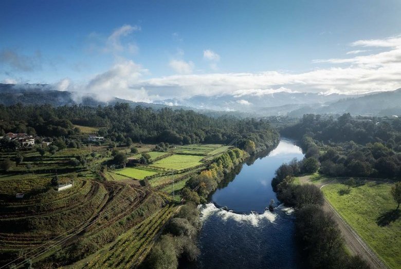 Vista aérea da região do Vinho Verde — vinhedos e rio no Minho, Portugal